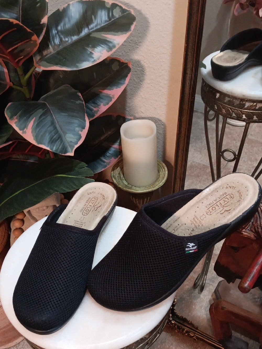 Fly Flot Made in Italy Black Mesh Anatomic Anti-Shock Mules